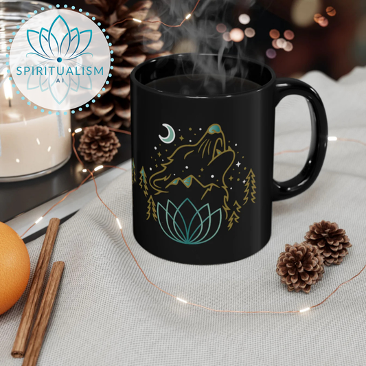 Celestial Wolf Black Mug | Moon Wolf Coffee Mug | Spiritualism AI