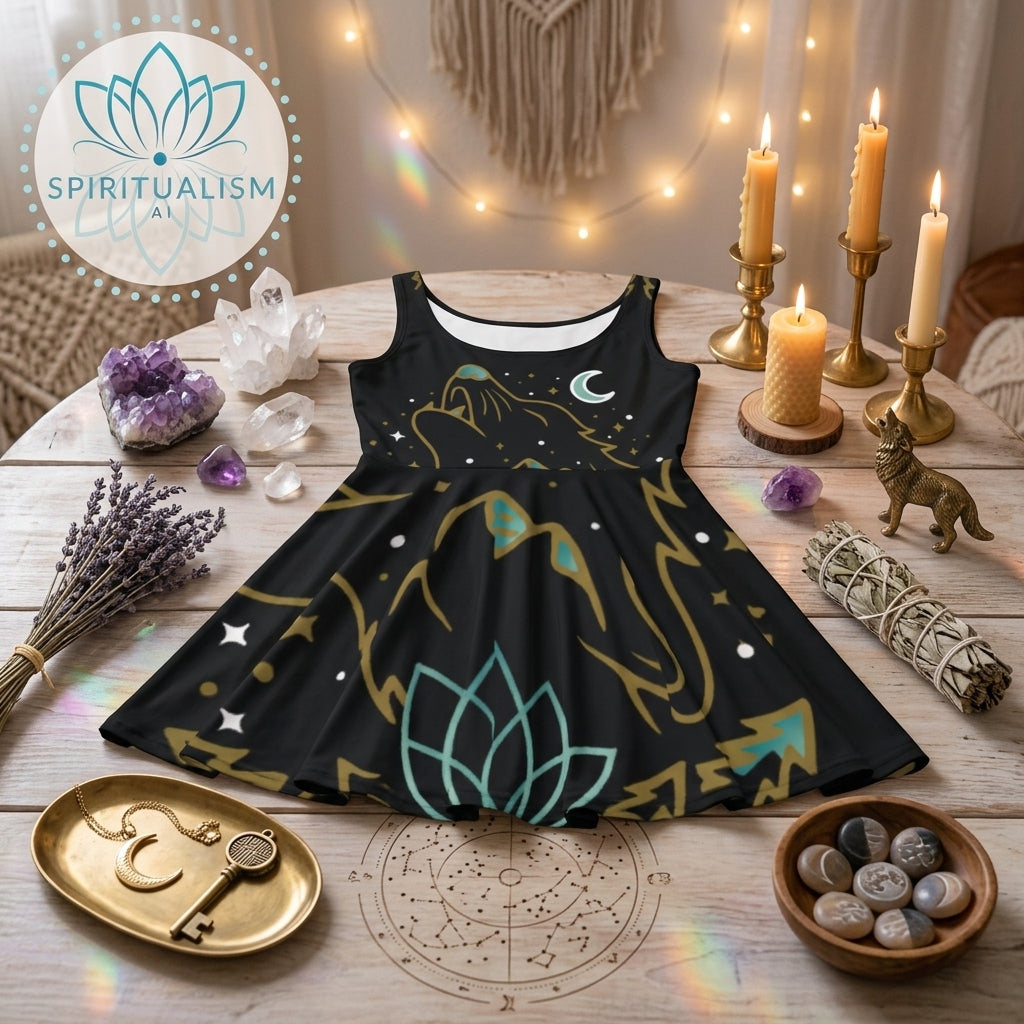 Celestial Wolf Skater Dress | Moon Wolf Print Dress | Spiritualism AI