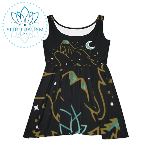 Celestial Wolf Skater Dress | Moon Wolf Print Dress | Spiritualism AI