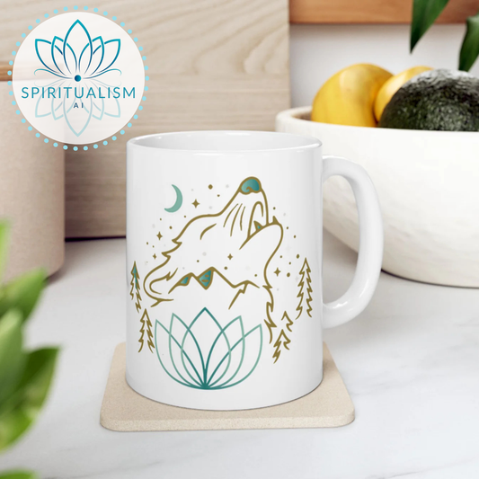 Celestial Wolf White Mug | Wolf Spirit Animal Mug | Spiritualism AI