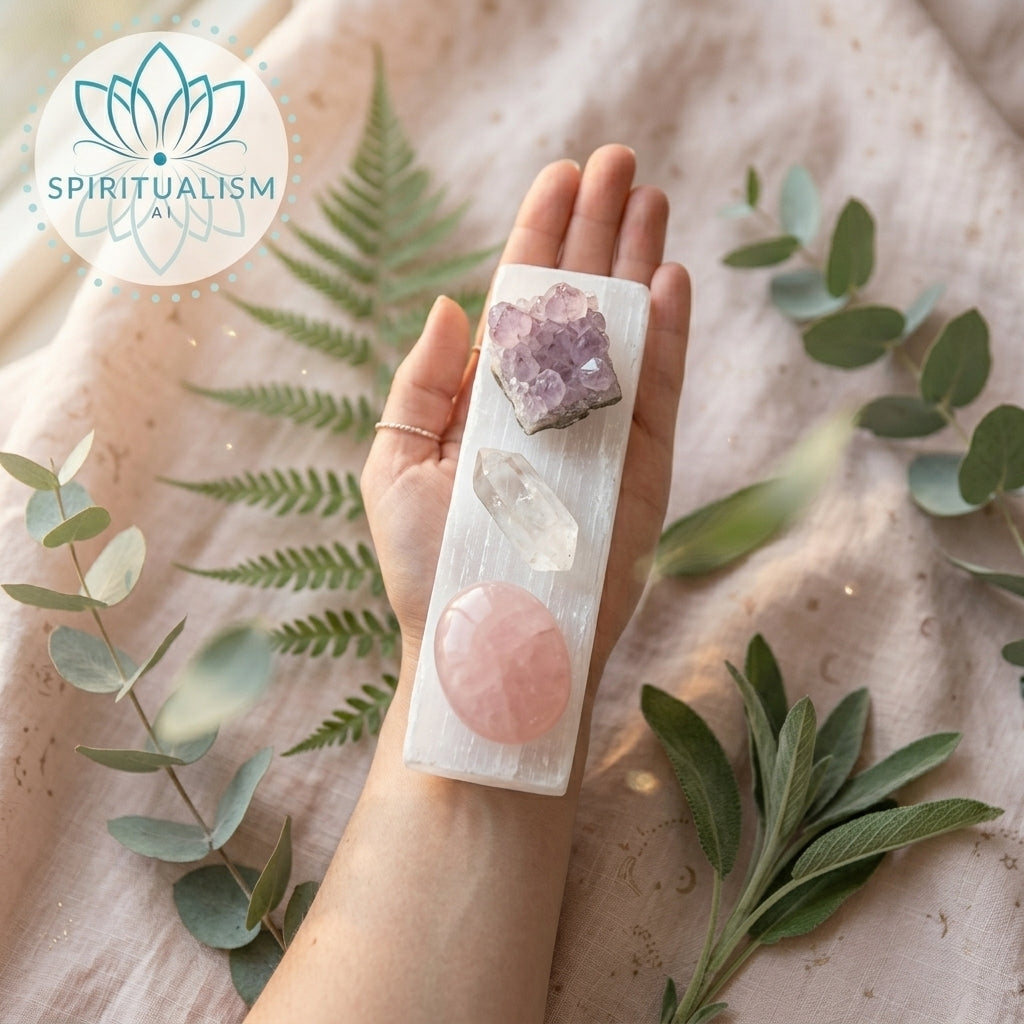 The Quiet Strength Set | Amethyst, Clear Quartz & Rose Quartz Palm Stone on Selenite Slab | Crystal Gift Set | Stardust Market