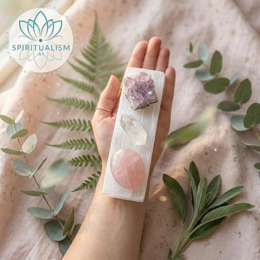 The Quiet Strength Set | Amethyst, Clear Quartz & Rose Quartz Palm Stone on Selenite Slab | Crystal Gift Set | Stardust Market
