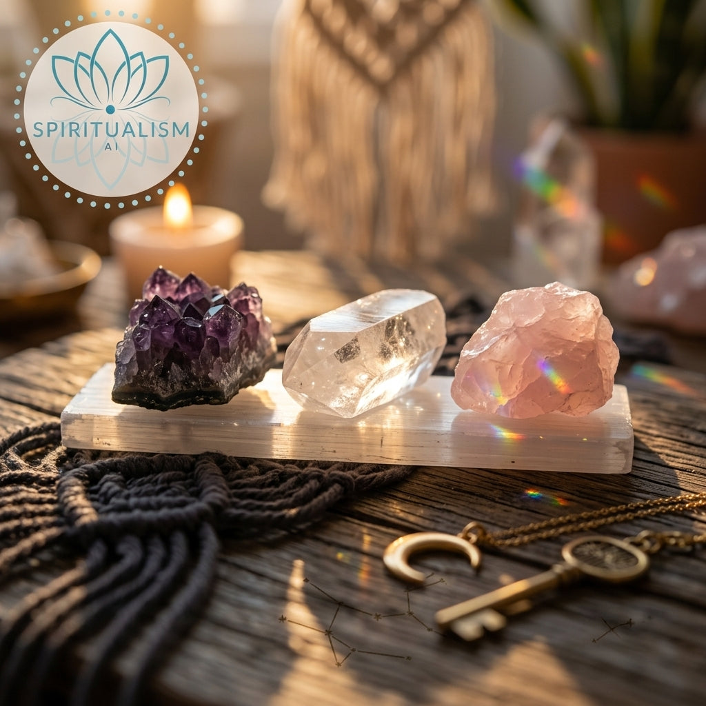 The Inner Light Set | Amethyst, Rose Quartz & Clear Quartz on Selenite Slab | Crystal Gift Set | Stardust Market