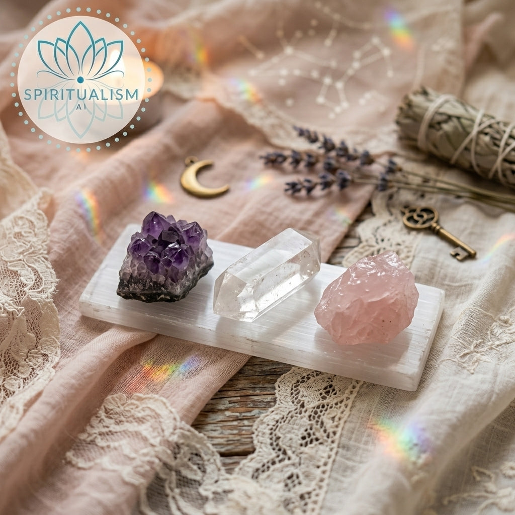 The Inner Light Set | Amethyst, Rose Quartz & Clear Quartz on Selenite Slab | Crystal Gift Set | Stardust Market