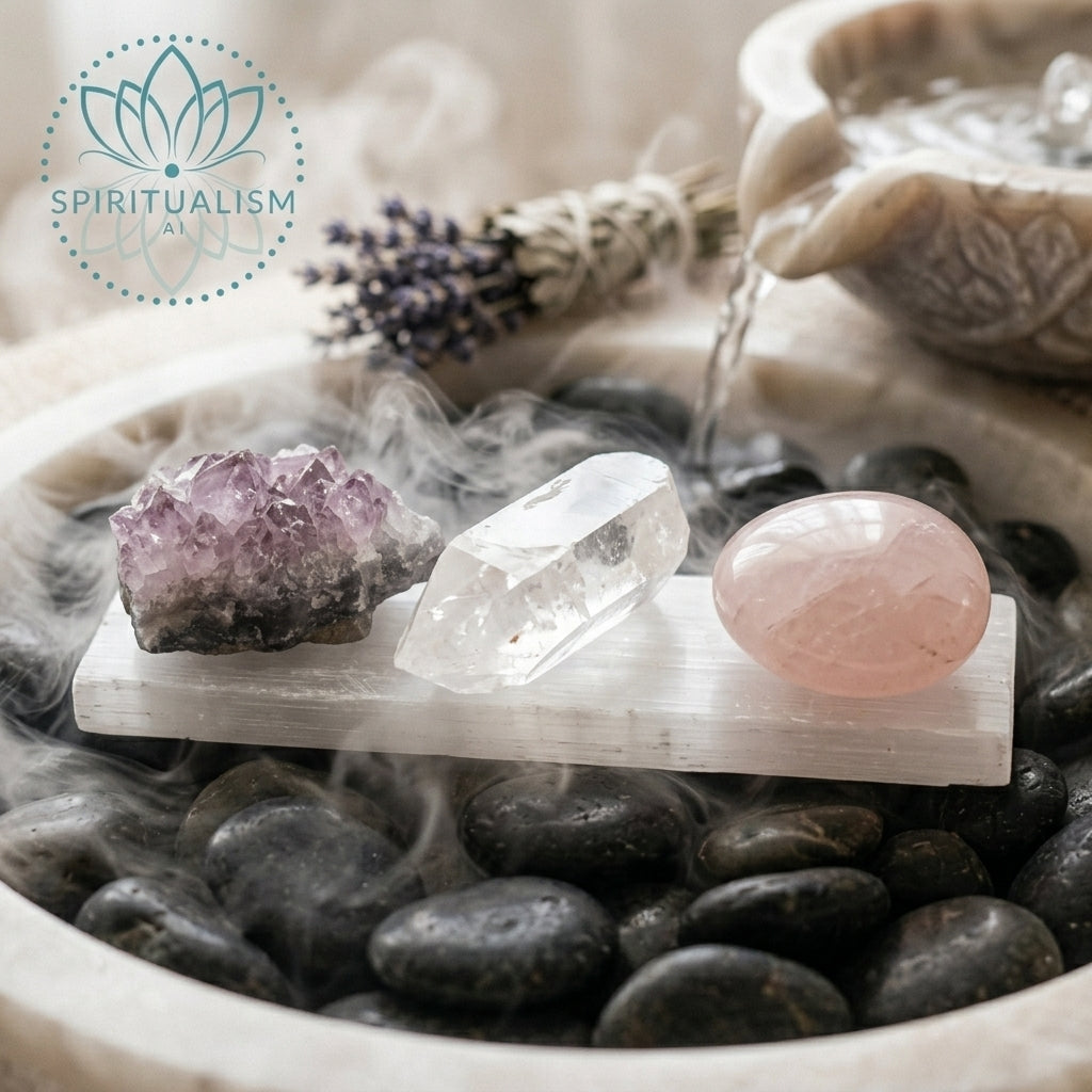 The Quiet Strength Set | Amethyst, Clear Quartz & Rose Quartz Palm Stone on Selenite Slab | Crystal Gift Set | Stardust Market
