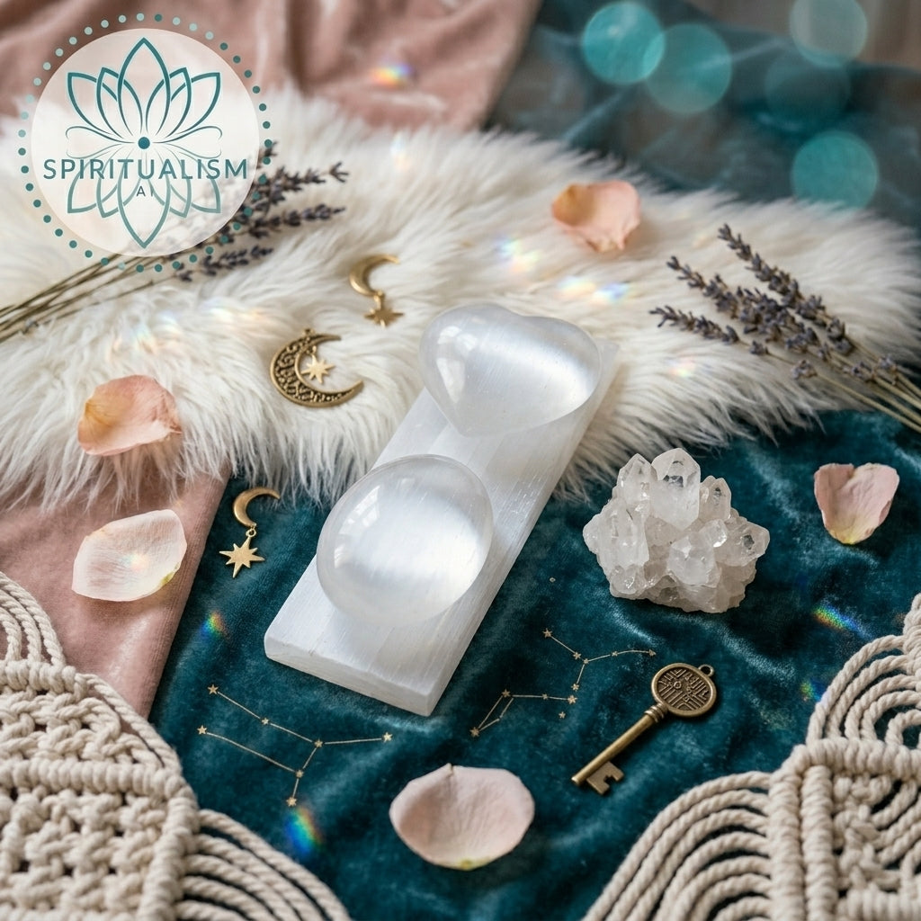 The Pure Heart Set | Selenite Palm Stone, Heart & Clear Quartz Cluster on Selenite Slab | Crystal Gift Set | Stardust Market