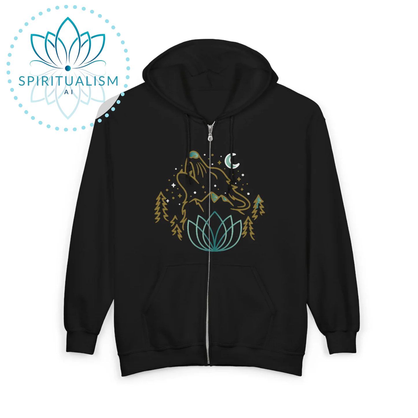 Celestial Wolf Zip Hoodie | Moon Wolf Jacket | Spiritualism AI