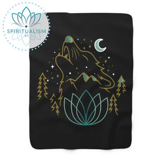 Celestial Wolf Sherpa Blanket | Moon Wolf Cozy Throw | Spiritualism AI