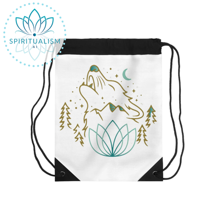 Celestial Wolf White Drawstring Bag | Moon Wolf Bag | Spiritualism AI