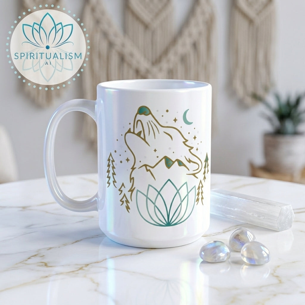 Celestial Wolf White Mug | Wolf Spirit Animal Mug | Spiritualism AI