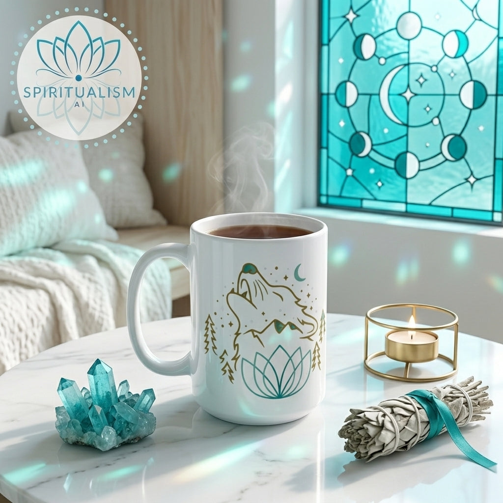 Celestial Wolf White Mug | Wolf Spirit Animal Mug | Spiritualism AI