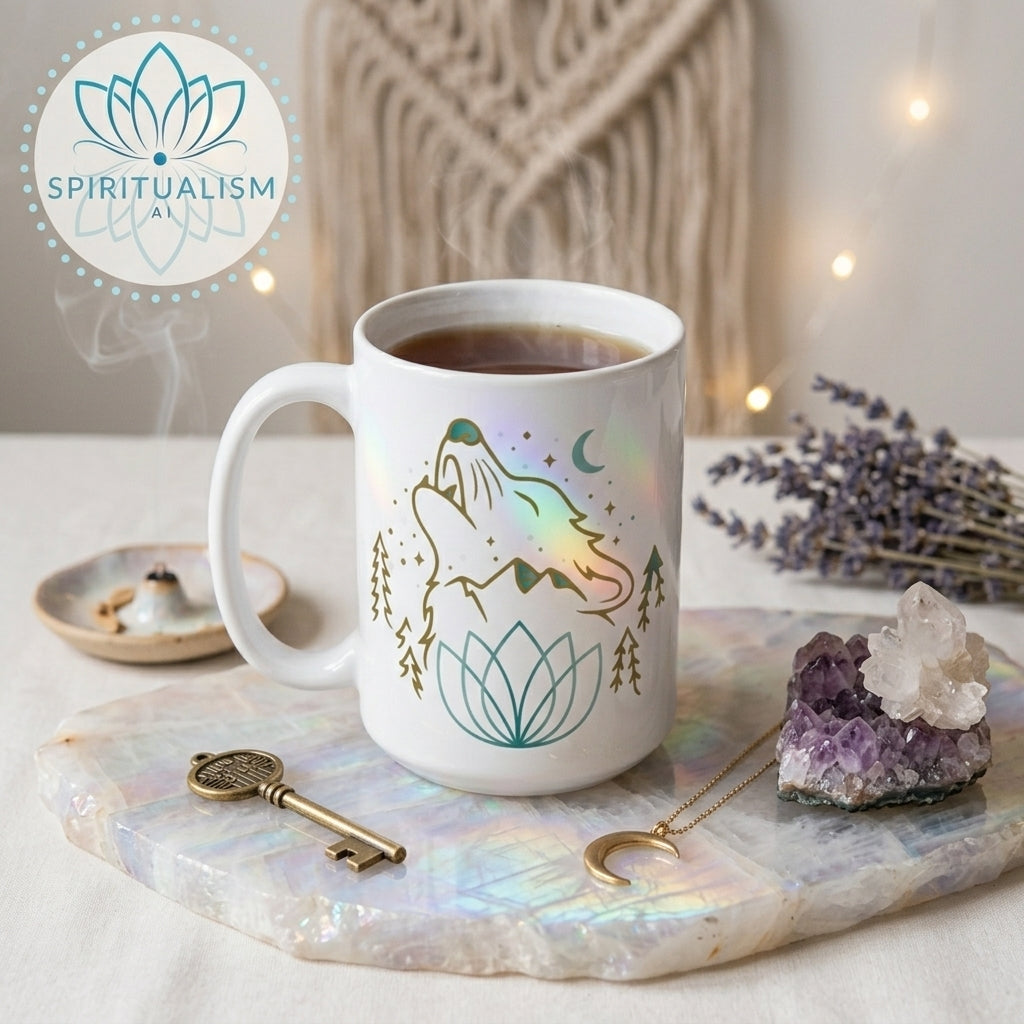 Celestial Wolf White Mug | Wolf Spirit Animal Mug | Spiritualism AI