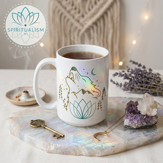 Celestial Wolf White Mug | Wolf Spirit Animal Mug | Spiritualism AI