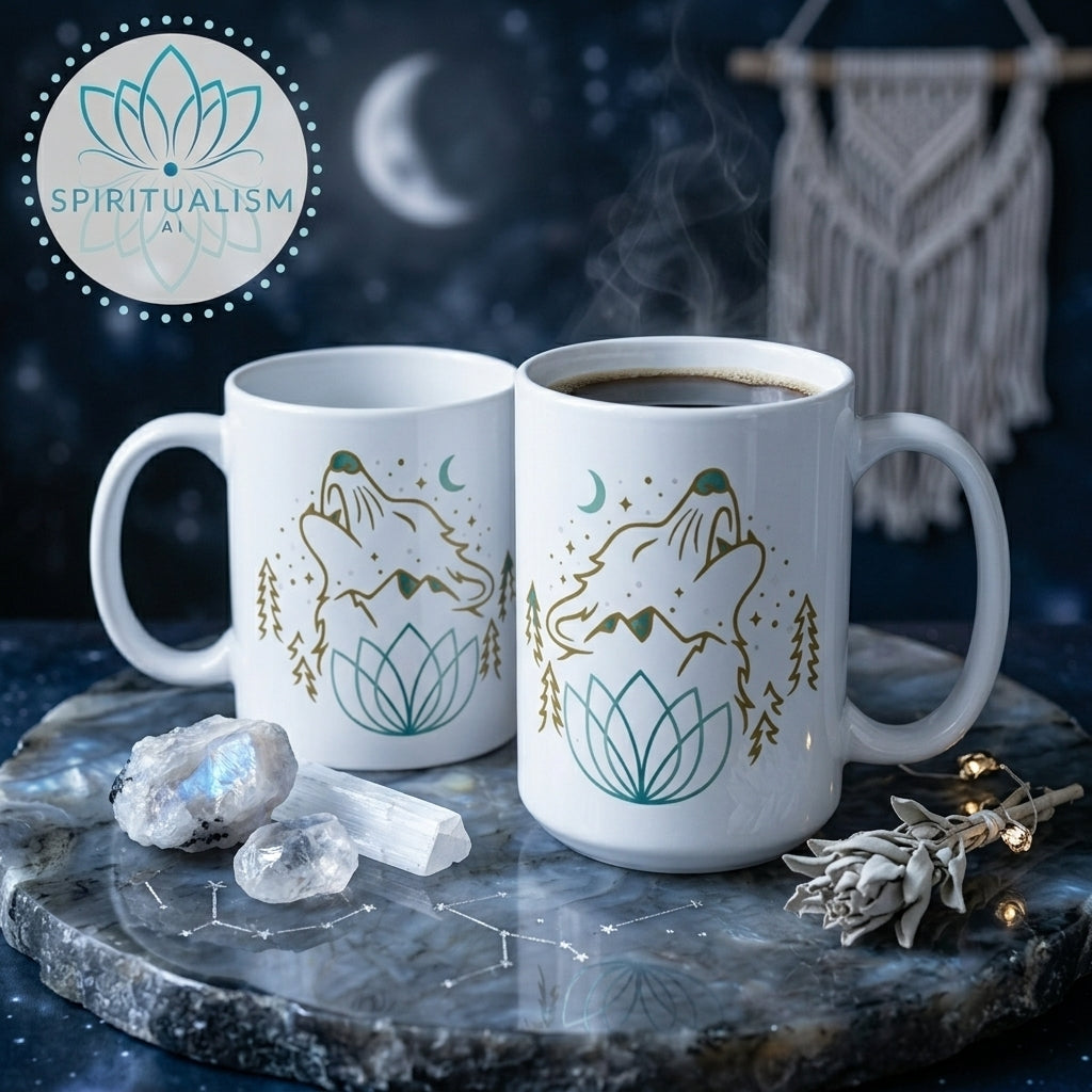 Celestial Wolf White Mug | Wolf Spirit Animal Mug | Spiritualism AI