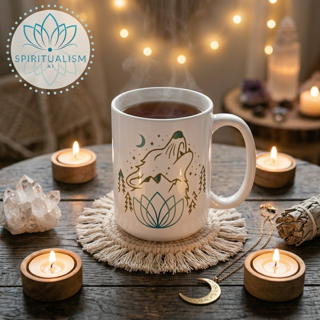 Celestial Wolf White Mug | Wolf Spirit Animal Mug | Spiritualism AI