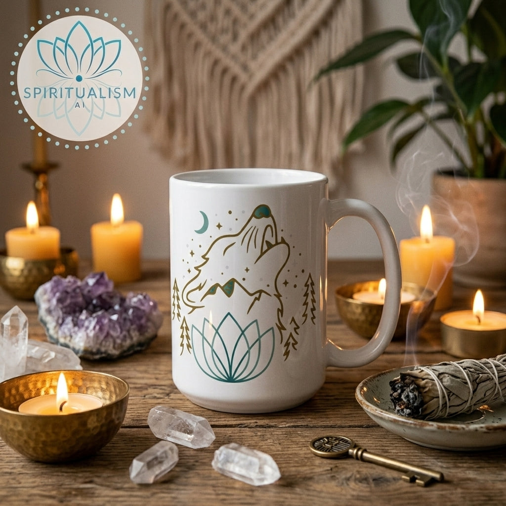 Celestial Wolf White Mug | Wolf Spirit Animal Mug | Spiritualism AI