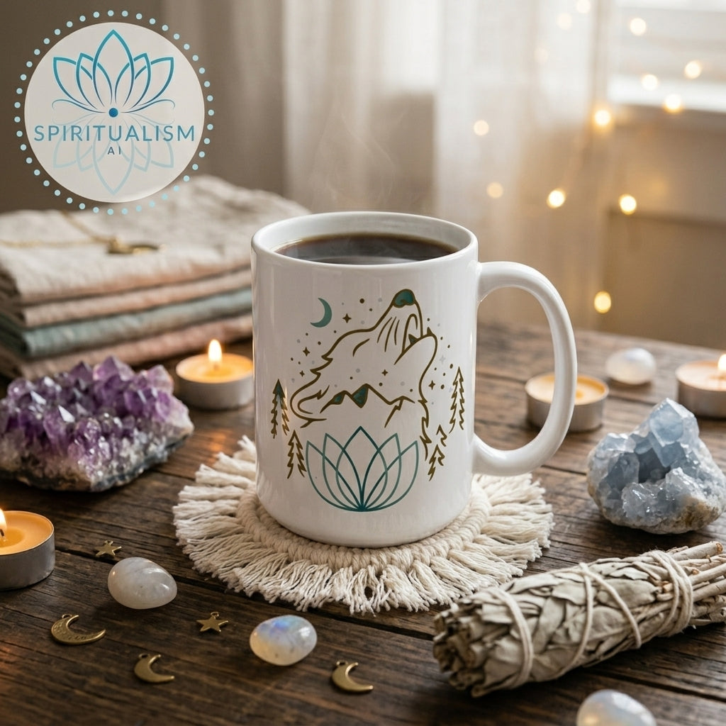 Celestial Wolf White Mug | Wolf Spirit Animal Mug | Spiritualism AI