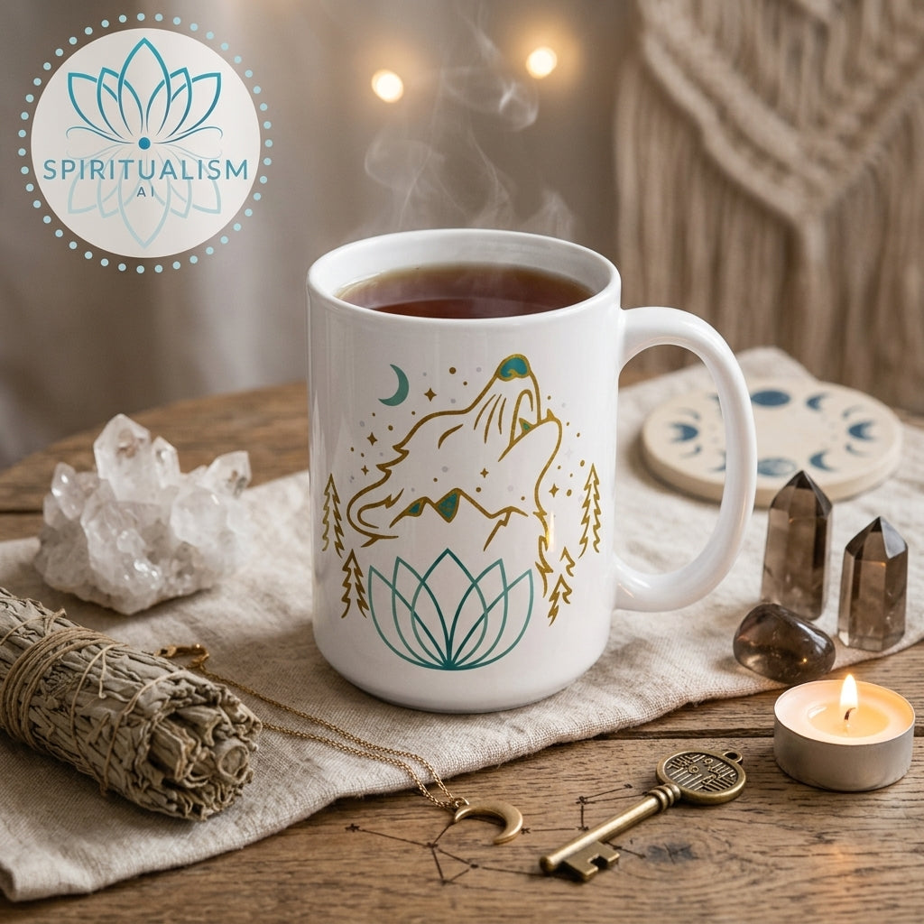 Celestial Wolf White Mug | Wolf Spirit Animal Mug | Spiritualism AI