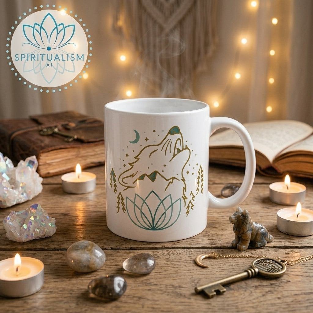 Celestial Wolf White Mug | Wolf Spirit Animal Mug | Spiritualism AI