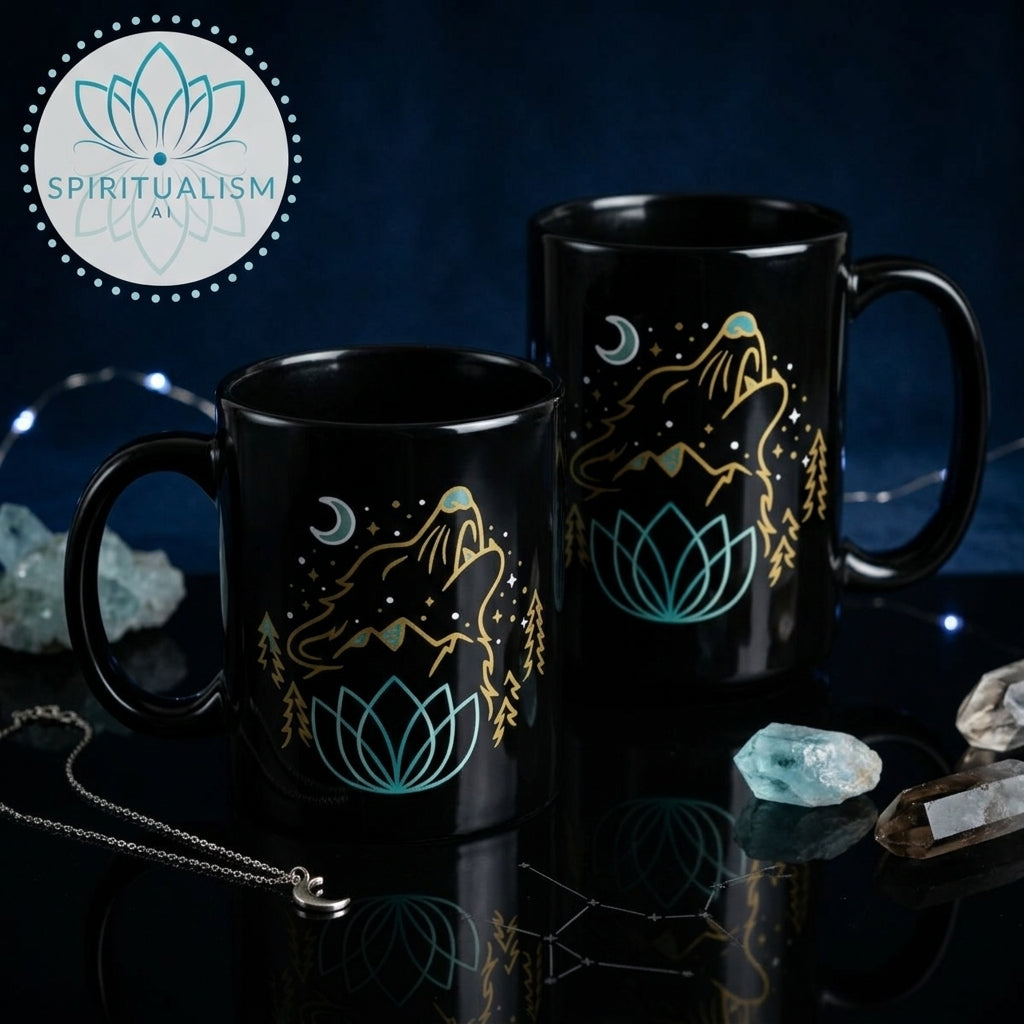 Celestial Wolf Black Mug | Moon Wolf Coffee Mug | Spiritualism AI
