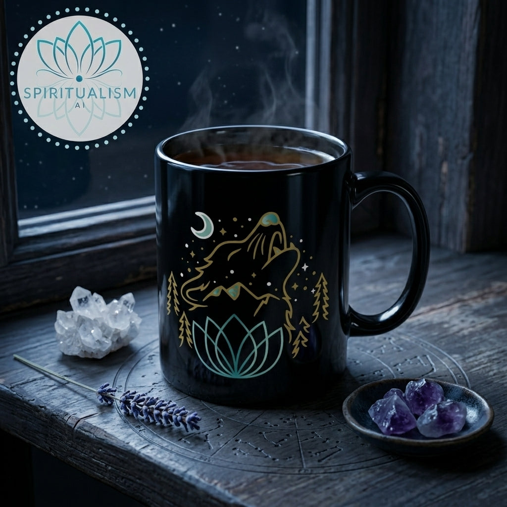 Celestial Wolf Black Mug | Moon Wolf Coffee Mug | Spiritualism AI