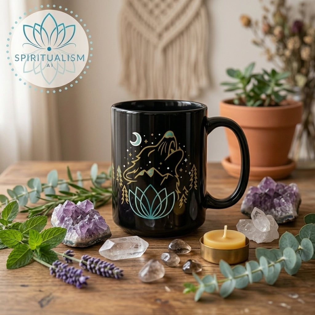 Celestial Wolf Black Mug | Moon Wolf Coffee Mug | Spiritualism AI