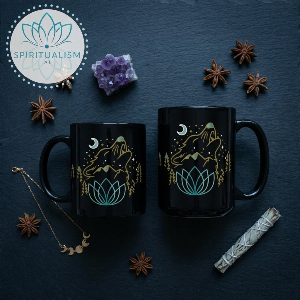 Celestial Wolf Black Mug | Moon Wolf Coffee Mug | Spiritualism AI