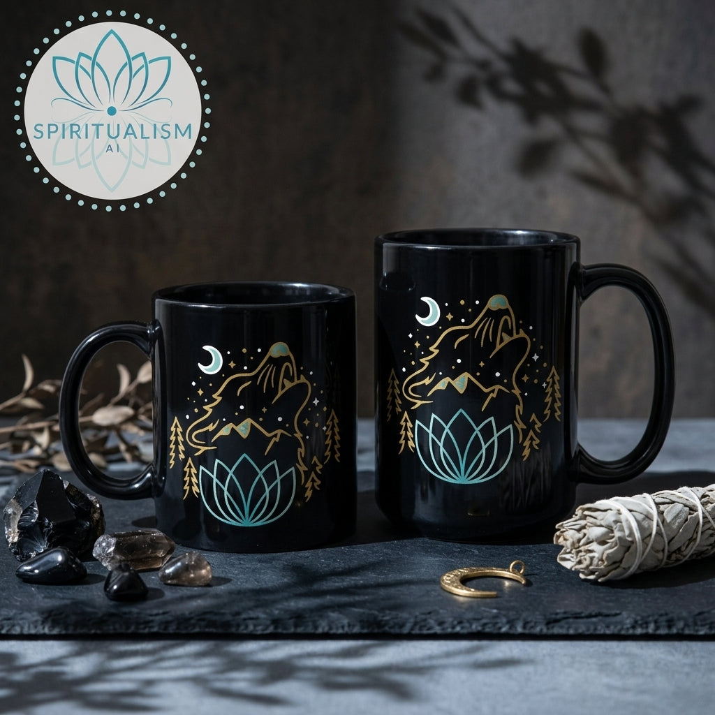 Celestial Wolf Black Mug | Moon Wolf Coffee Mug | Spiritualism AI
