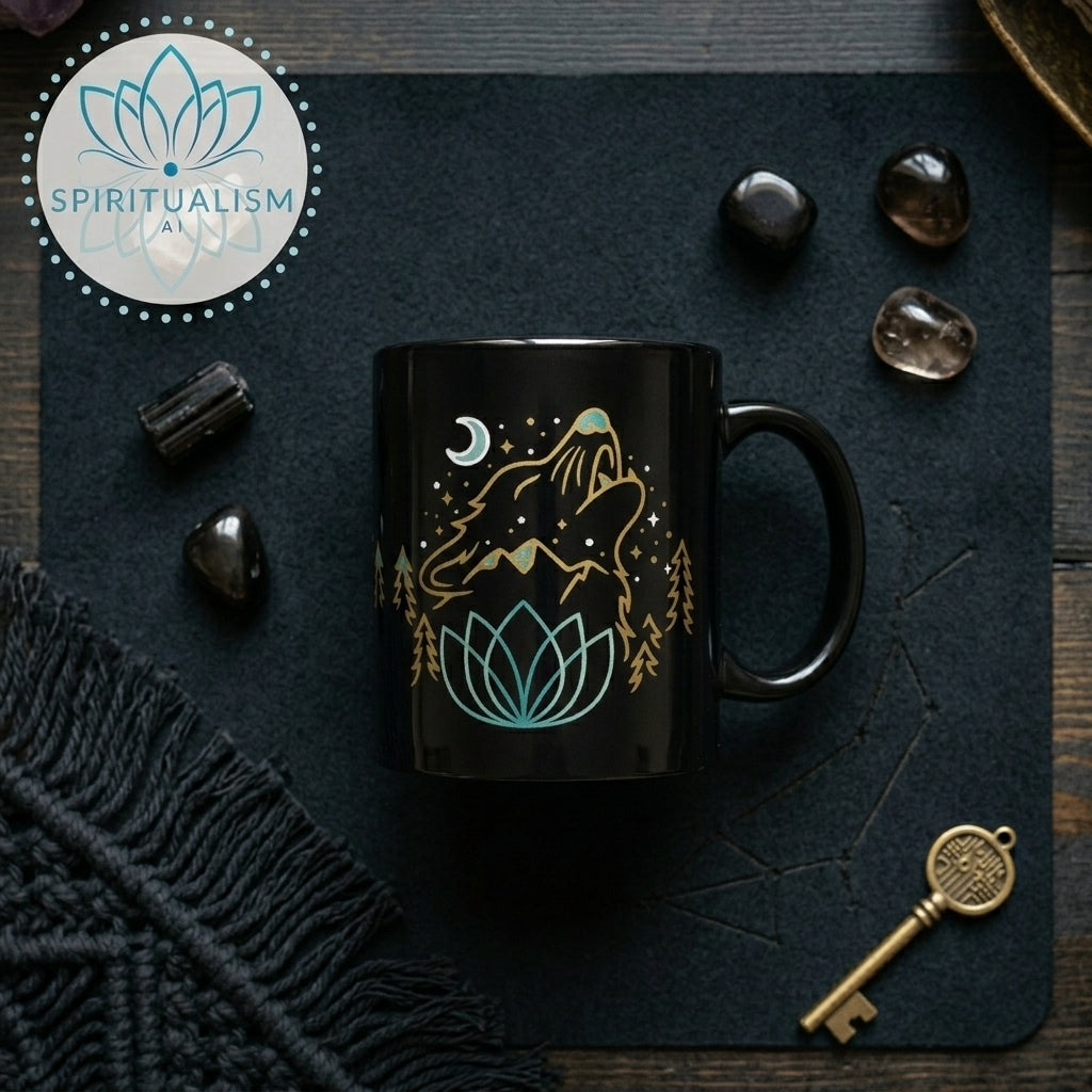 Celestial Wolf Black Mug | Moon Wolf Coffee Mug | Spiritualism AI