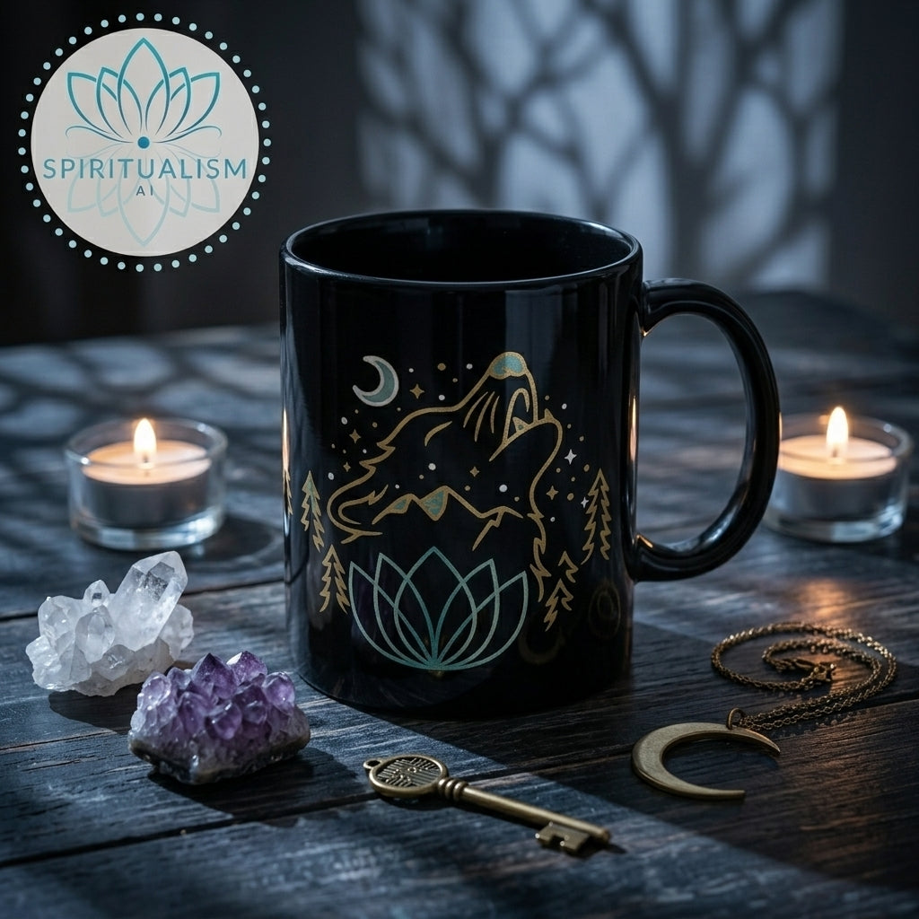 Celestial Wolf Black Mug | Moon Wolf Coffee Mug | Spiritualism AI