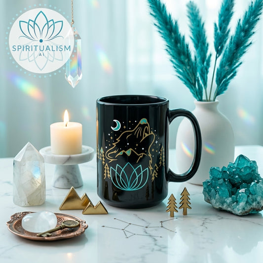 Celestial Wolf Black Mug | Moon Wolf Coffee Mug | Spiritualism AI