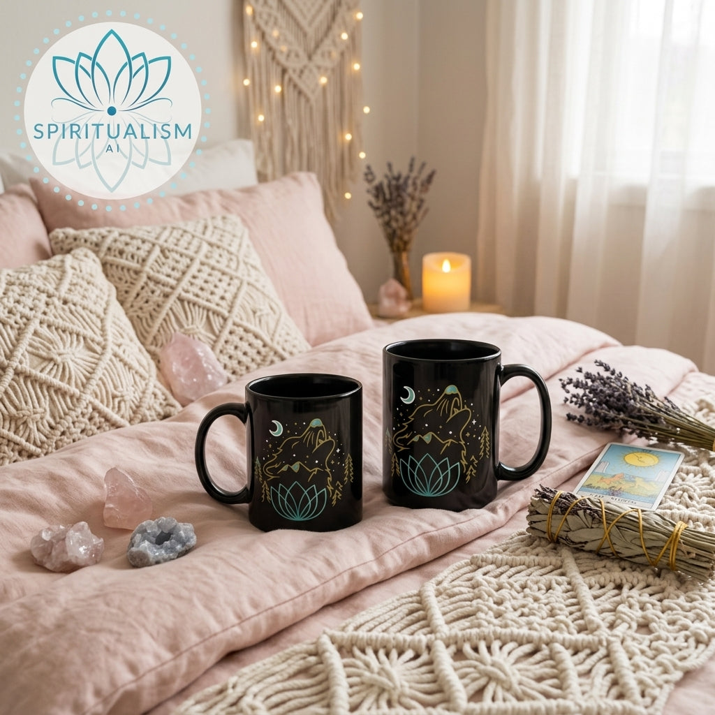 Celestial Wolf Black Mug | Moon Wolf Coffee Mug | Spiritualism AI