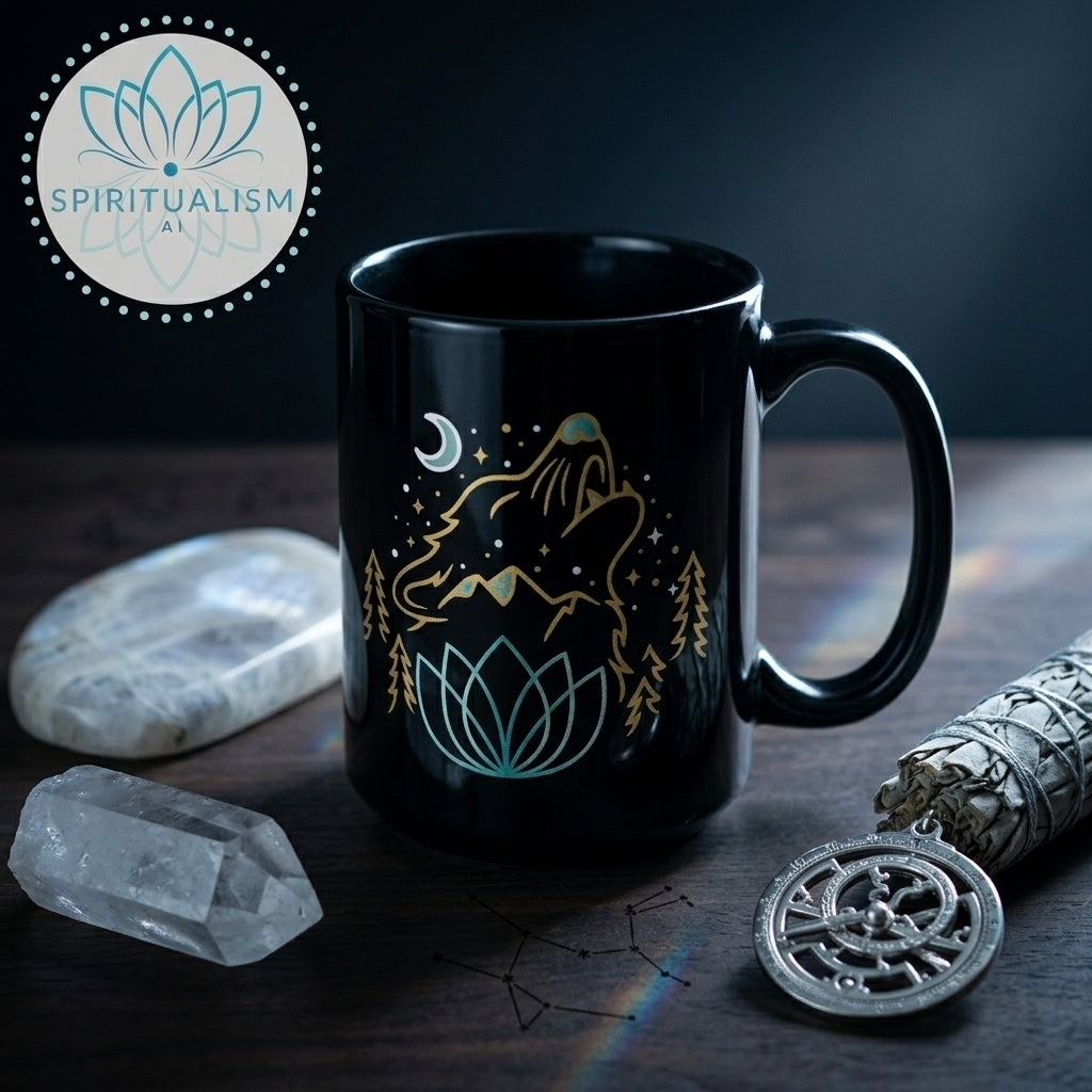 Celestial Wolf Black Mug | Moon Wolf Coffee Mug | Spiritualism AI