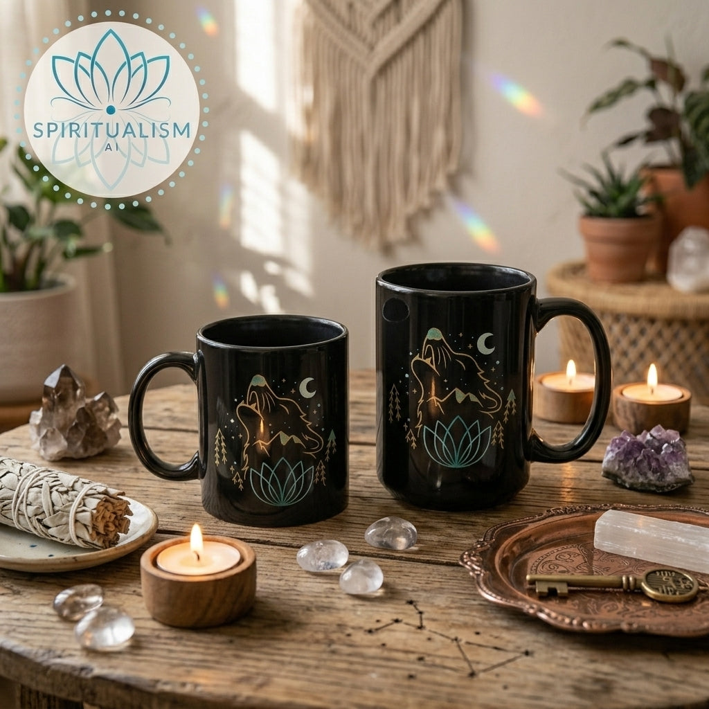 Celestial Wolf Black Mug | Moon Wolf Coffee Mug | Spiritualism AI