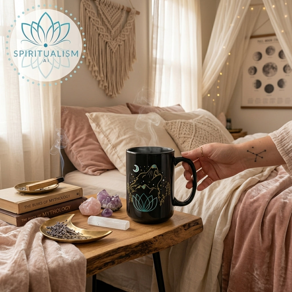 Celestial Wolf Black Mug | Moon Wolf Coffee Mug | Spiritualism AI