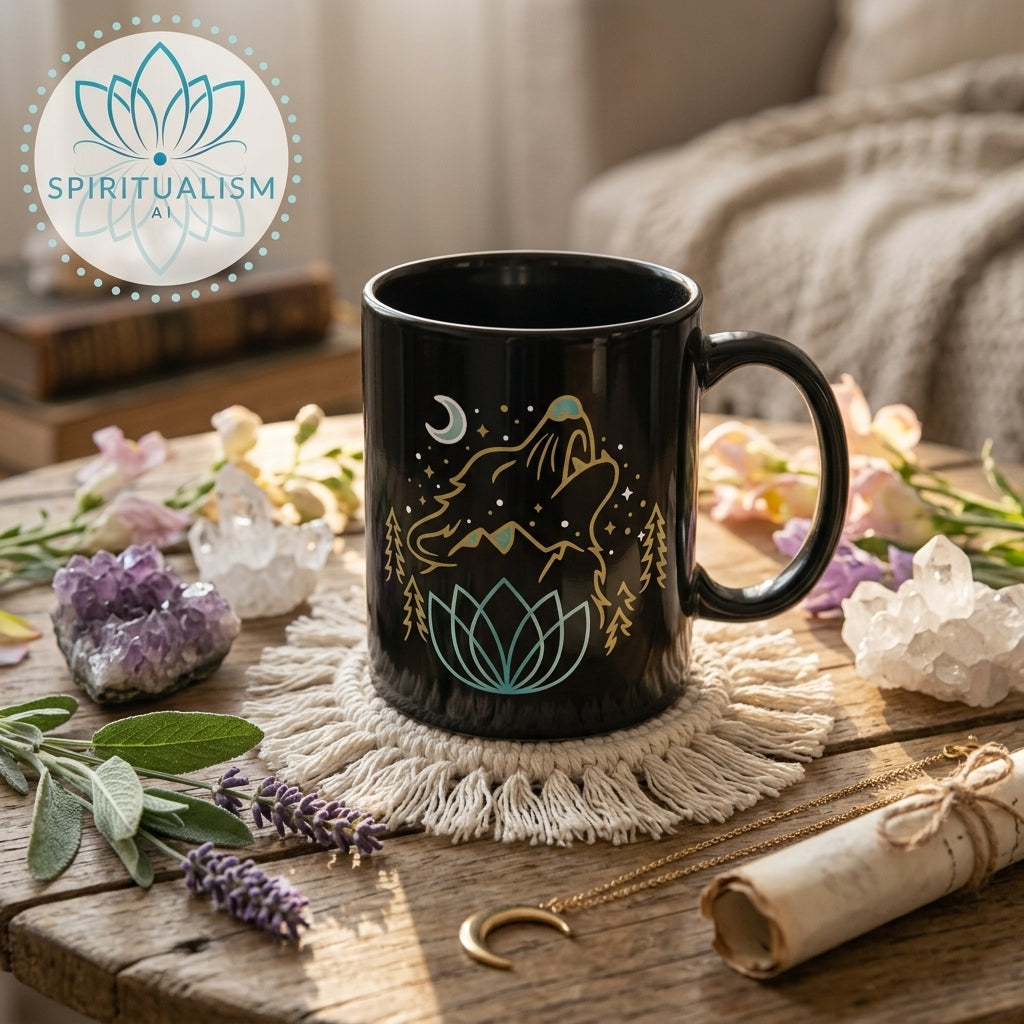 Celestial Wolf Black Mug | Moon Wolf Coffee Mug | Spiritualism AI