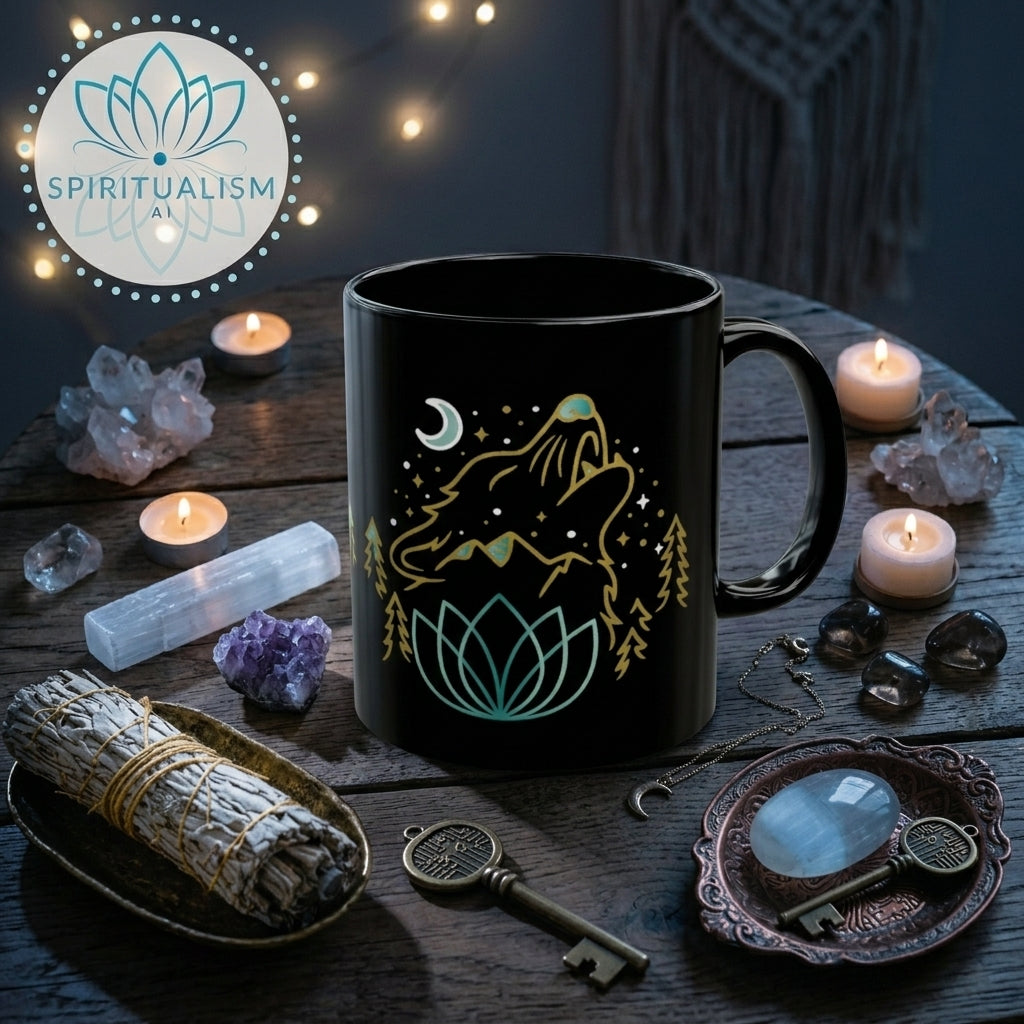 Celestial Wolf Black Mug | Moon Wolf Coffee Mug | Spiritualism AI