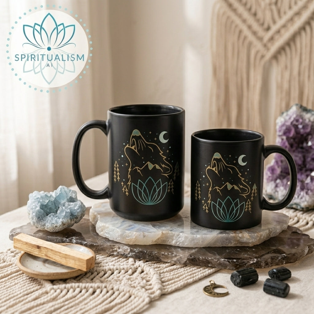 Celestial Wolf Black Mug | Moon Wolf Coffee Mug | Spiritualism AI