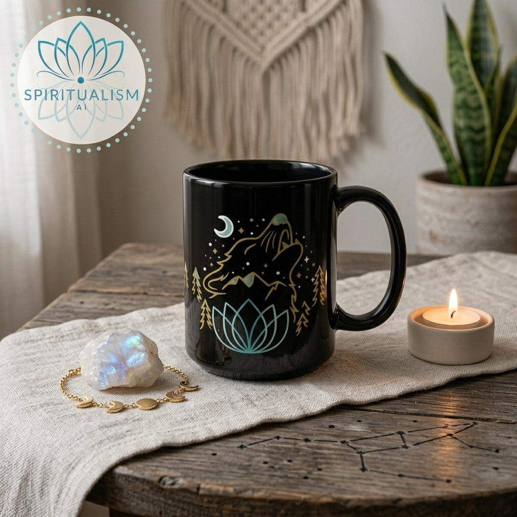 Celestial Wolf Black Mug | Moon Wolf Coffee Mug | Spiritualism AI