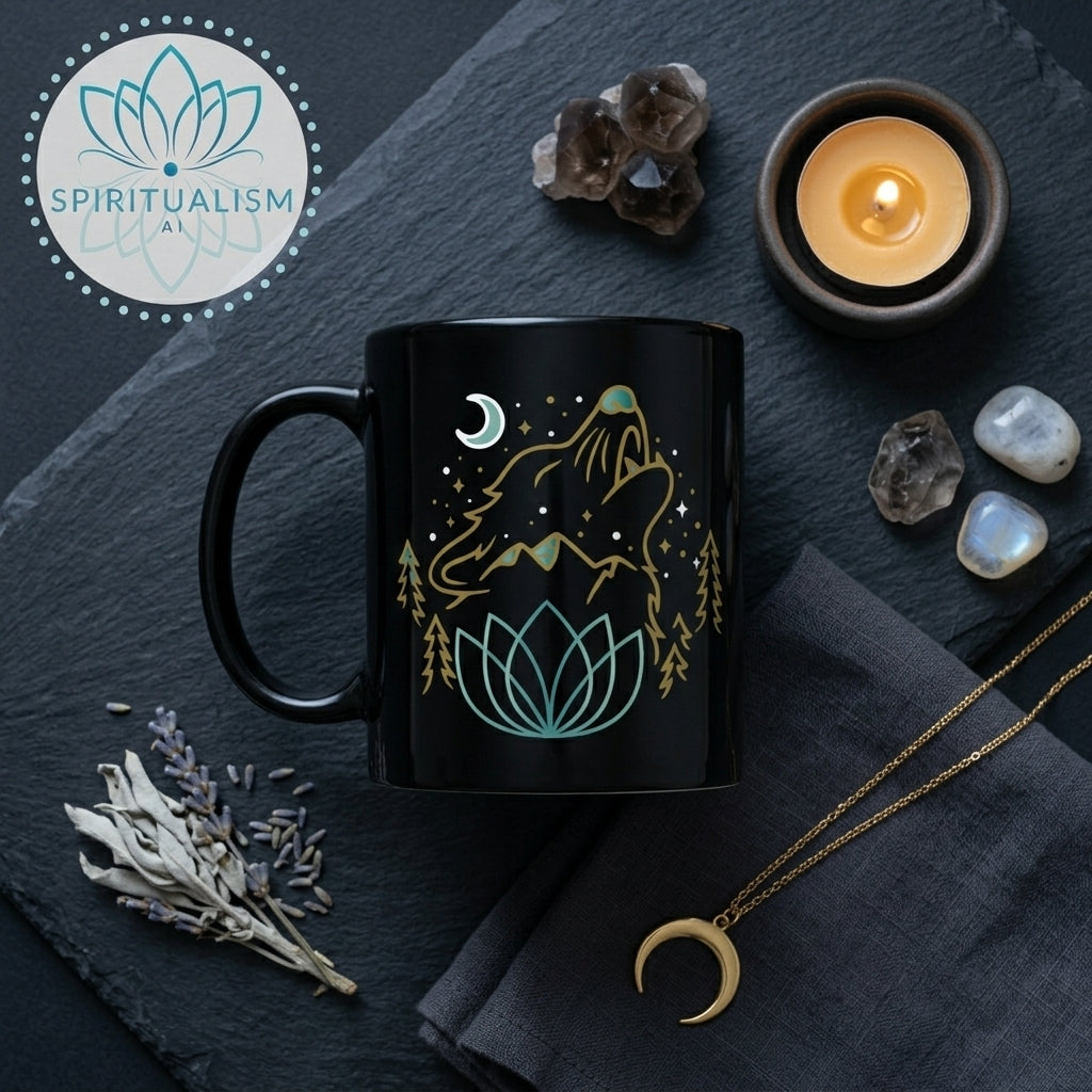 Celestial Wolf Black Mug | Moon Wolf Coffee Mug | Spiritualism AI