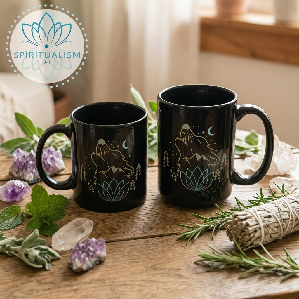 Celestial Wolf Black Mug | Moon Wolf Coffee Mug | Spiritualism AI