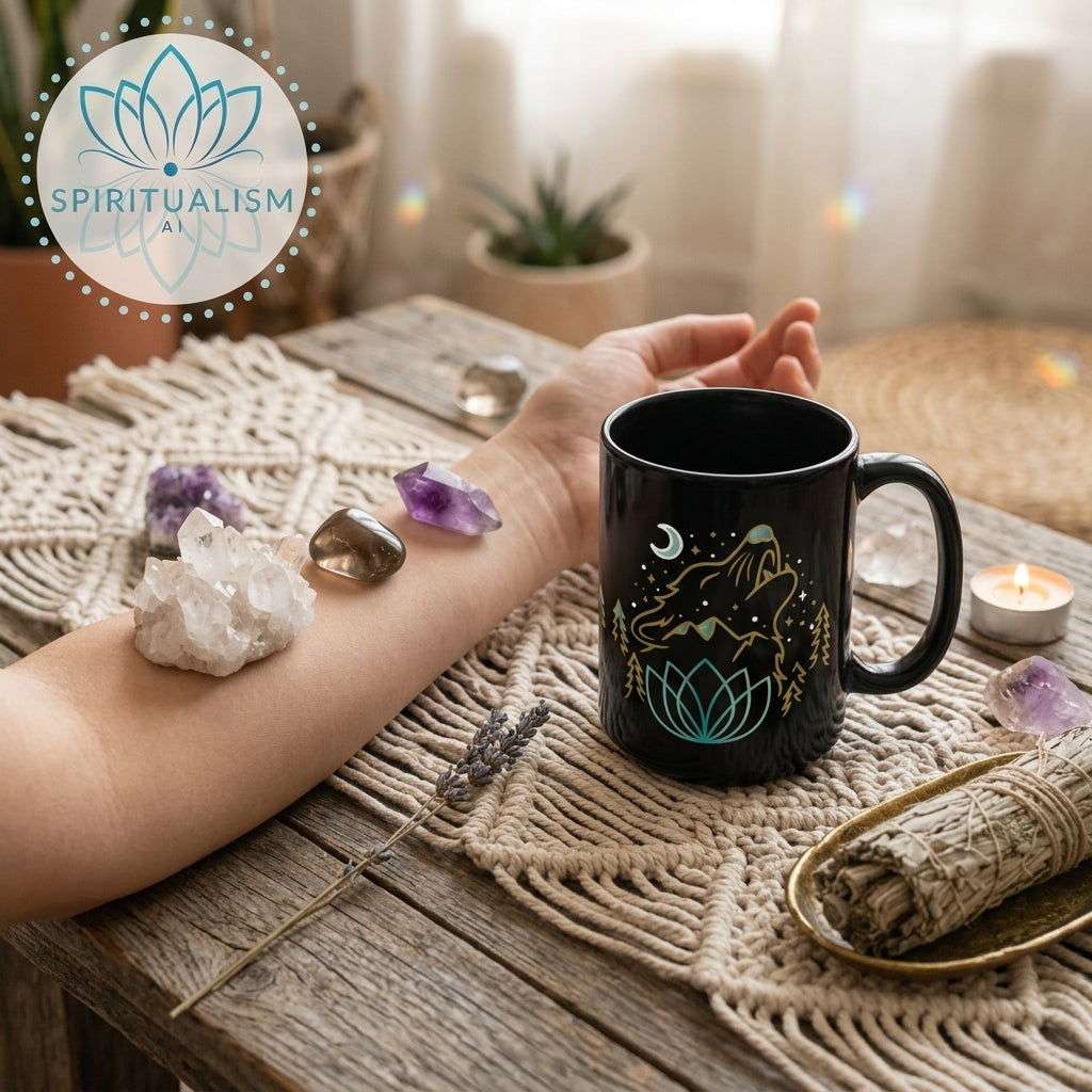 Celestial Wolf Black Mug | Moon Wolf Coffee Mug | Spiritualism AI
