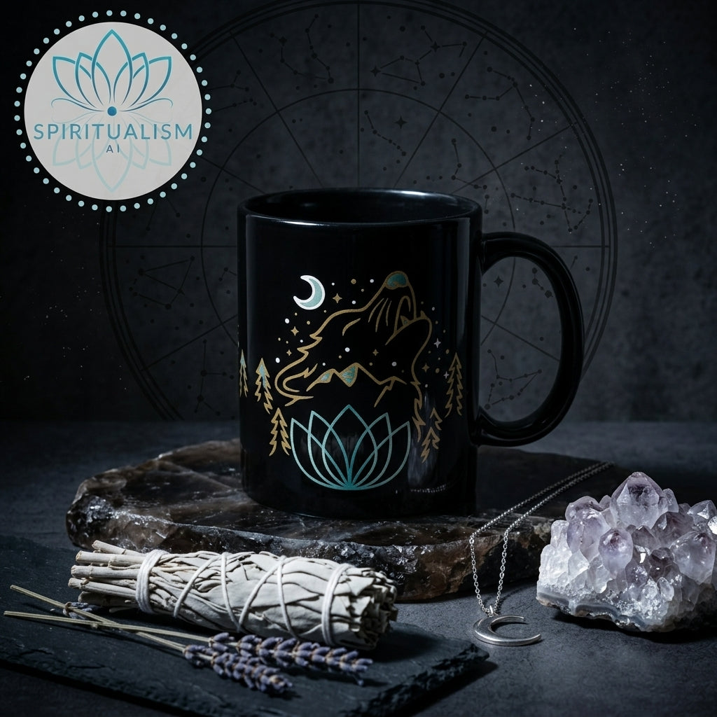 Celestial Wolf Black Mug | Moon Wolf Coffee Mug | Spiritualism AI