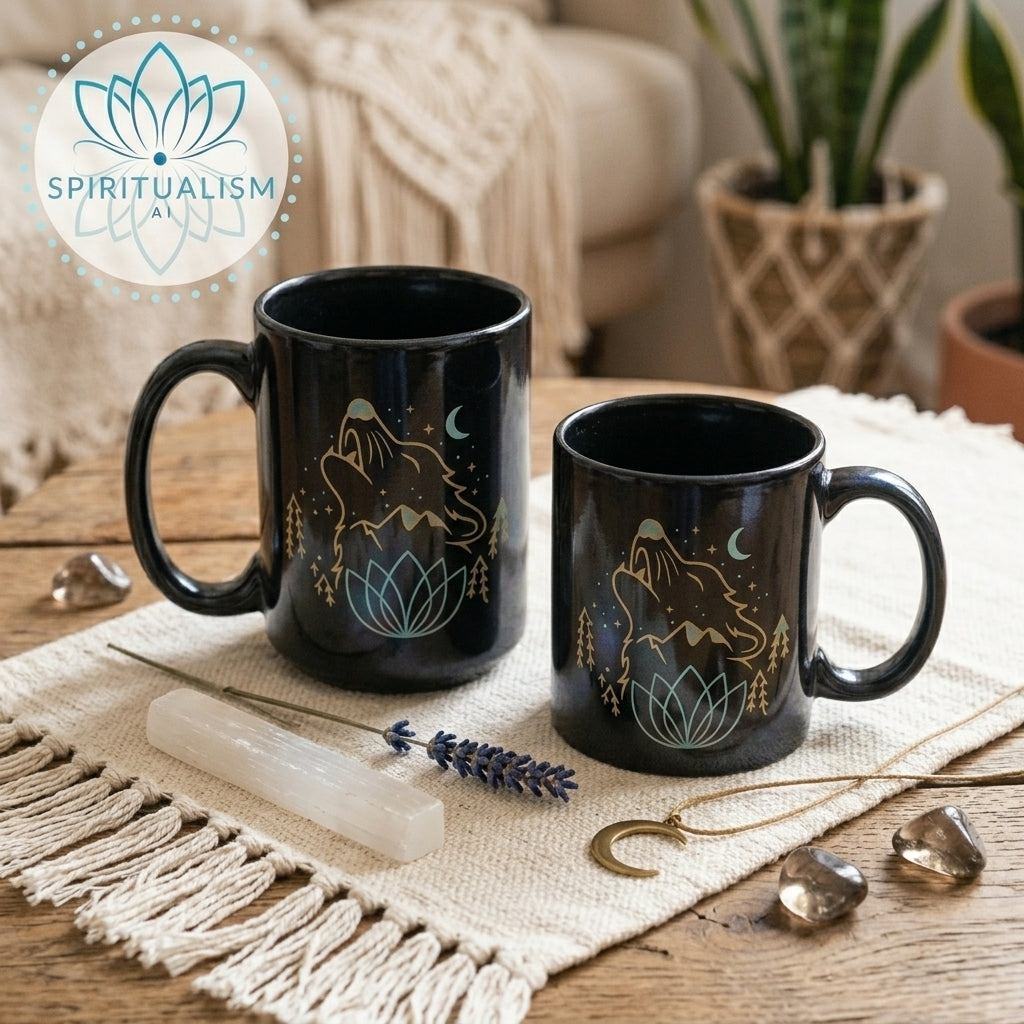 Celestial Wolf Black Mug | Moon Wolf Coffee Mug | Spiritualism AI