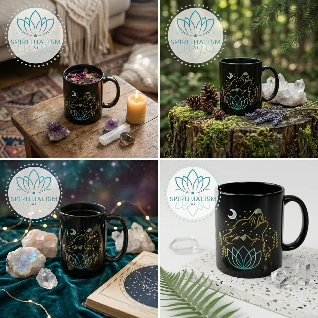Celestial Wolf Black Mug | Moon Wolf Coffee Mug | Spiritualism AI