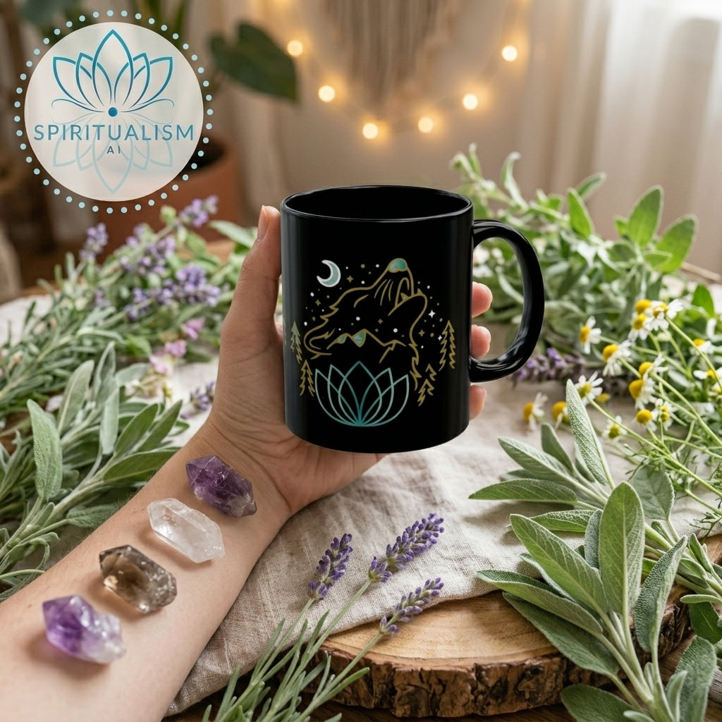 Celestial Wolf Black Mug | Moon Wolf Coffee Mug | Spiritualism AI