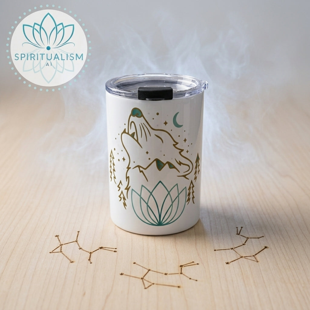 Celestial Wolf White Tumbler | Moon Wolf Cup | Spiritualism AI