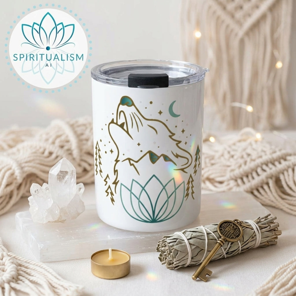 Celestial Wolf White Tumbler | Moon Wolf Cup | Spiritualism AI