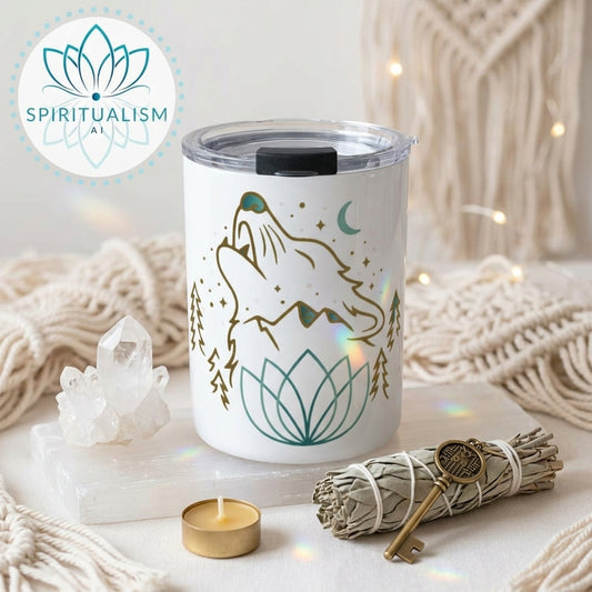 Celestial Wolf White Tumbler | Moon Wolf Cup | Spiritualism AI