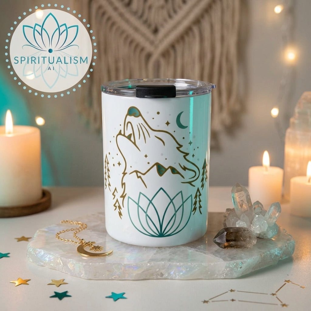 Celestial Wolf White Tumbler | Moon Wolf Cup | Spiritualism AI